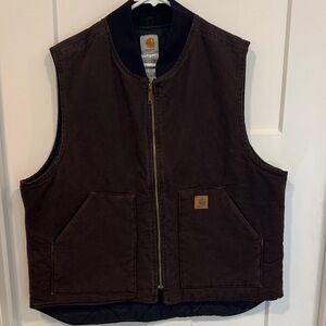 Carhartt Dark Brown Zip Vest Canvas outer Nylon quilted lining XL